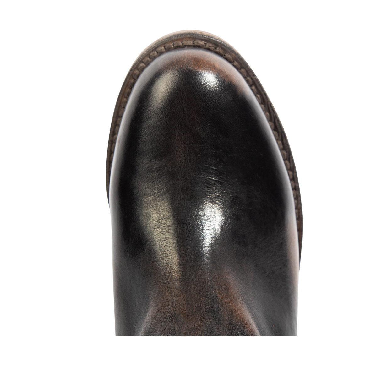 Top view showing slim round toe construction on FREEBIRD women's Rigger black leather boot
