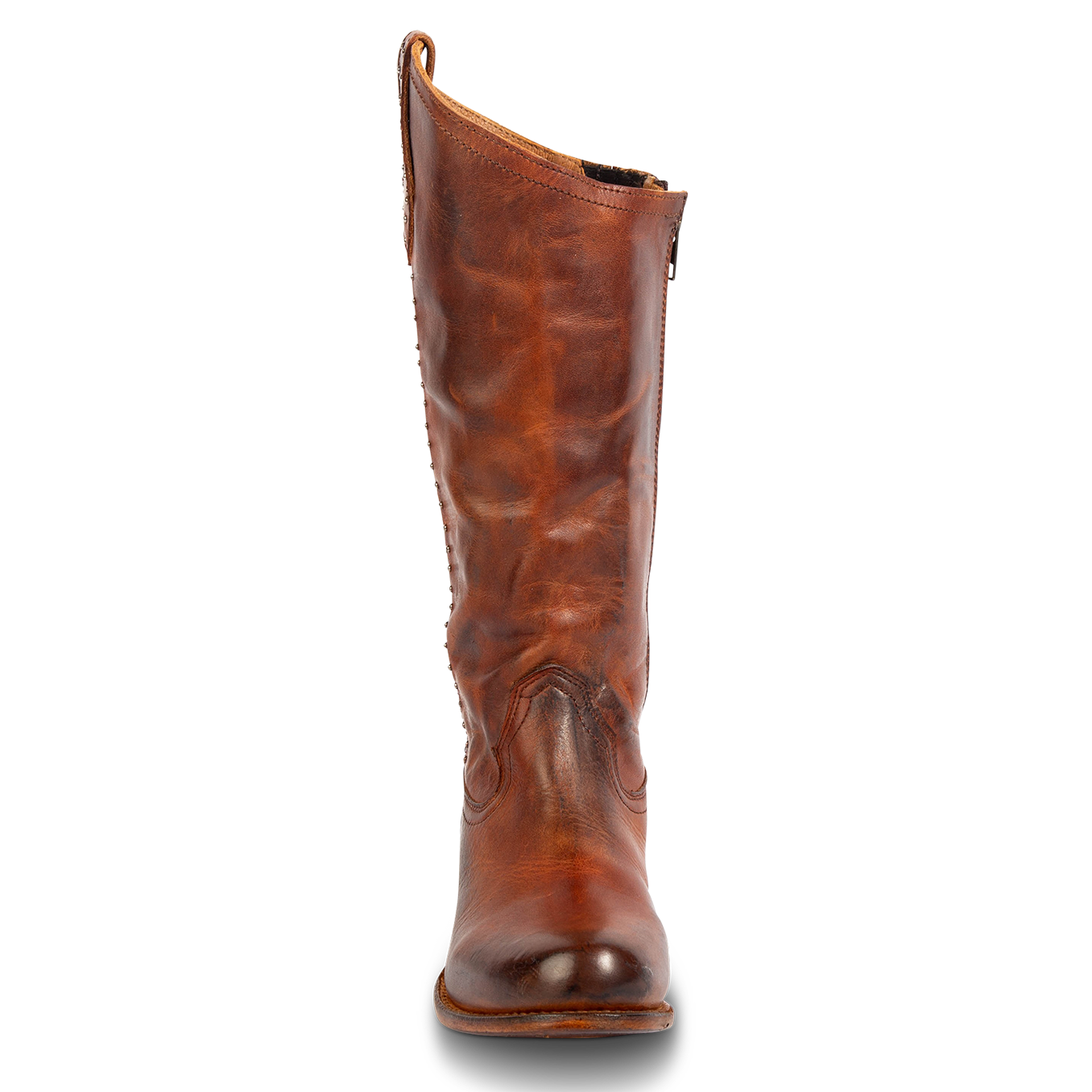 Front viewing showing high to low shaft construction on FREEBIRD women's Rigger tan leather boot