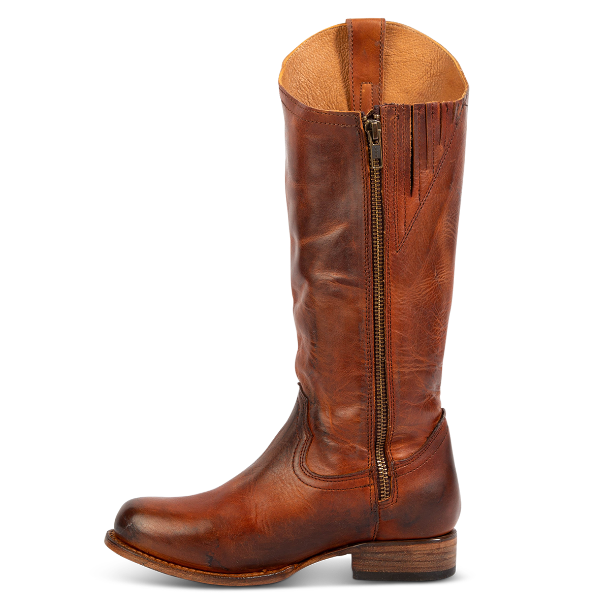 Inside showing working brass zip closure on FREEBIRD women's Rigger tan leather boot