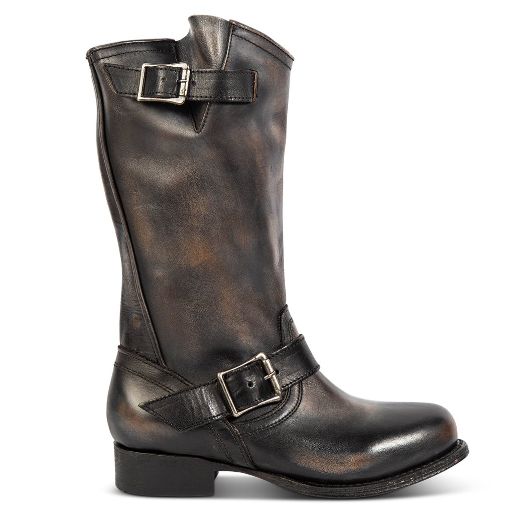 FREEBIRD women's Rip black leather boot with functioning buck straps, a working brass inside zipper and a low block heel