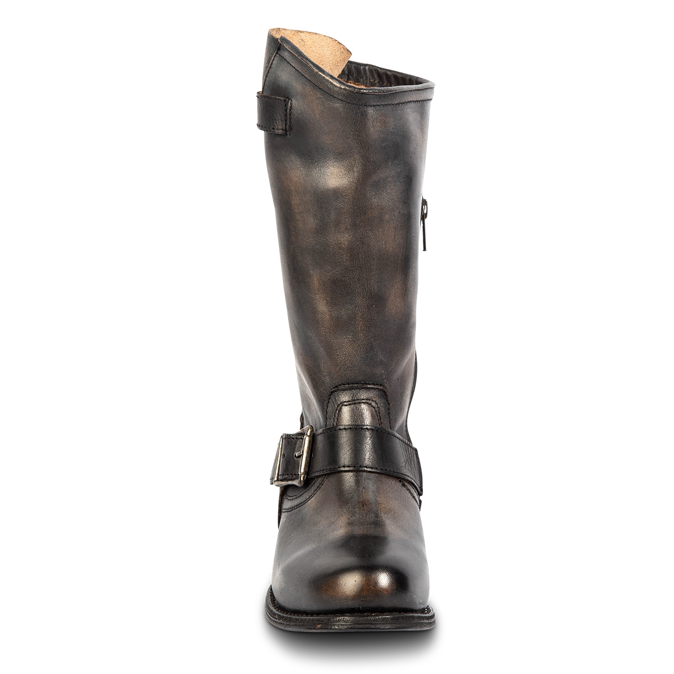 Front view showing FREEBIRD women's Rip black leather boot with an asymmetrical shaft, leather straps and rounded toe