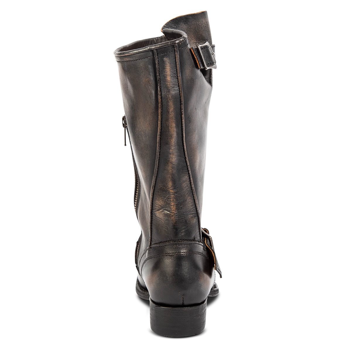 Back view showing an asymmetrical shaft height and low block heel on FREEBIRD women's Rip black leather boot