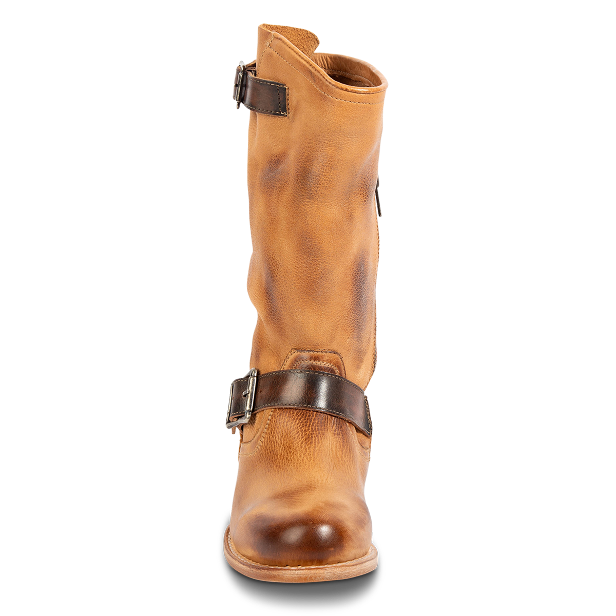 Front view showing FREEBIRD women's Rip wheat leather boot with an asymmetrical shaft, leather straps and rounded toe 