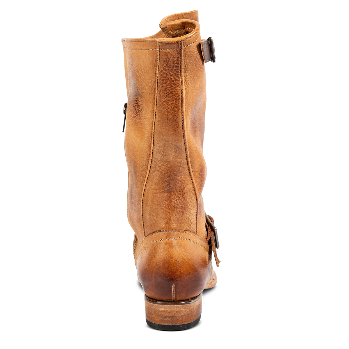 Back view showing an asymmetrical shaft height and low block heel on FREEBIRD women's Rip wheat leather boot 