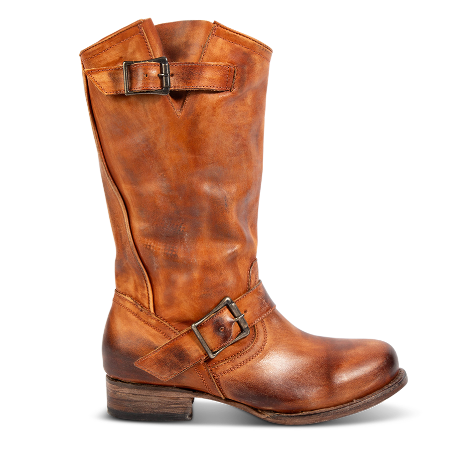 FREEBIRD women's Rip whiskey leather boot with functioning buck straps, a working brass inside zipper and a low block heel