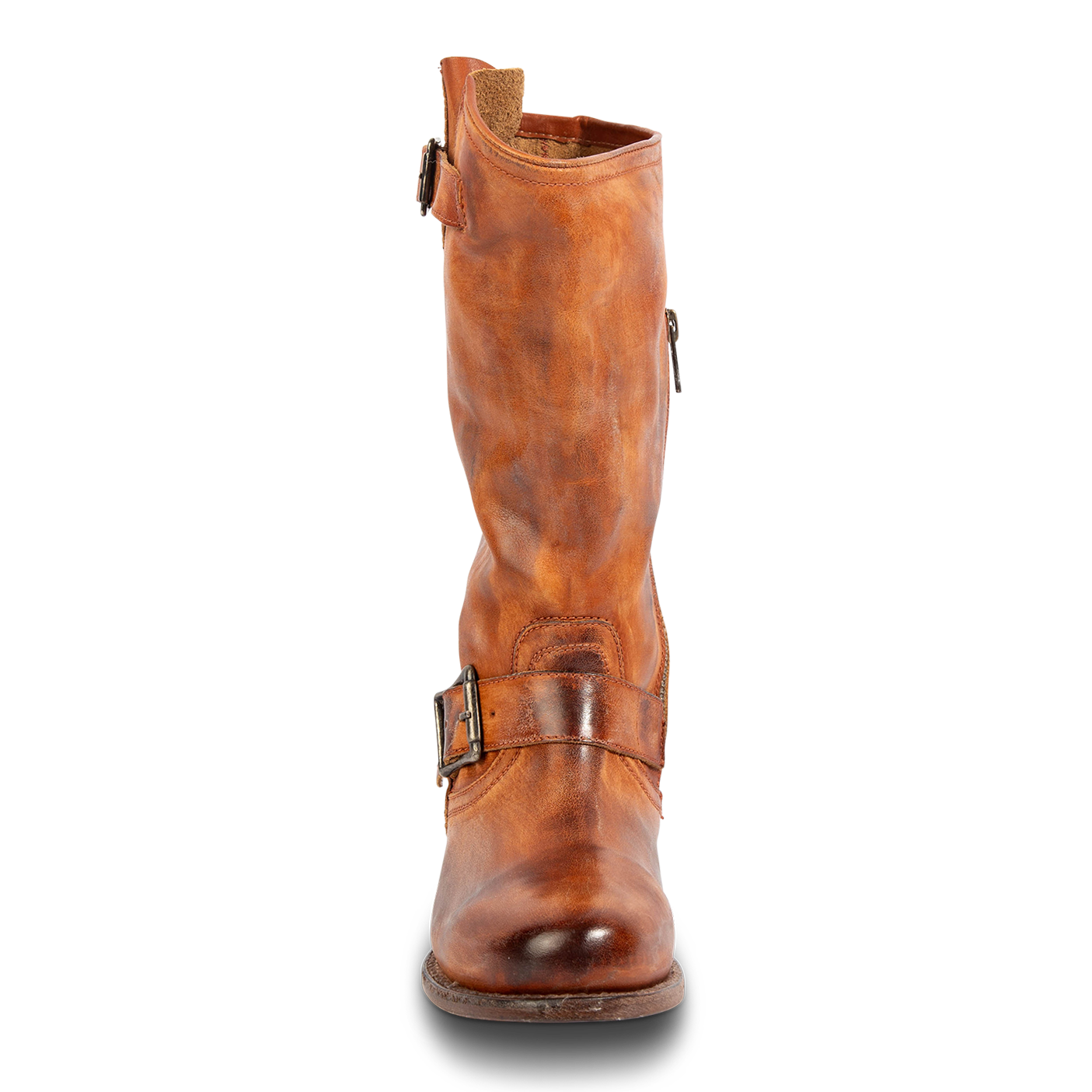 Front view showing FREEBIRD women's Rip whiskey leather boot with an asymmetrical shaft, leather straps and rounded toe