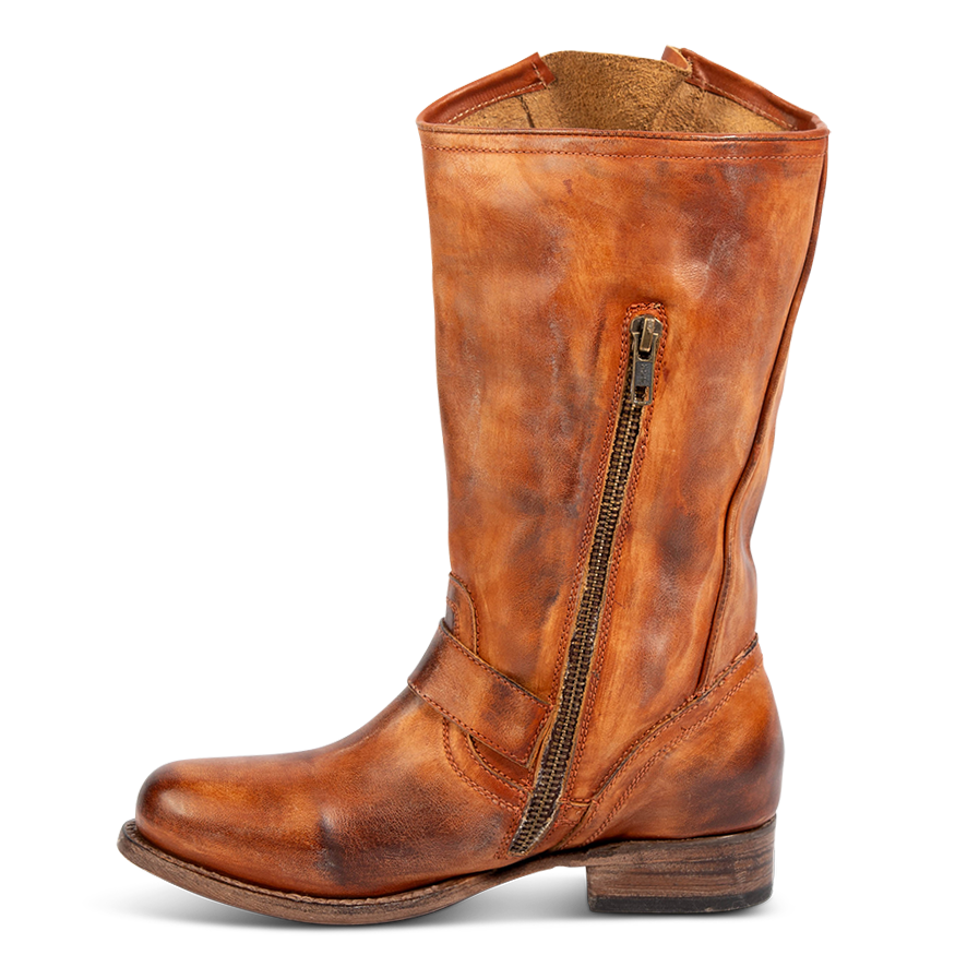 Inside view showing a working brass zipper, low block heel and asymmetrical shaft on FREEBIRD women's Rip whiskey leather boot