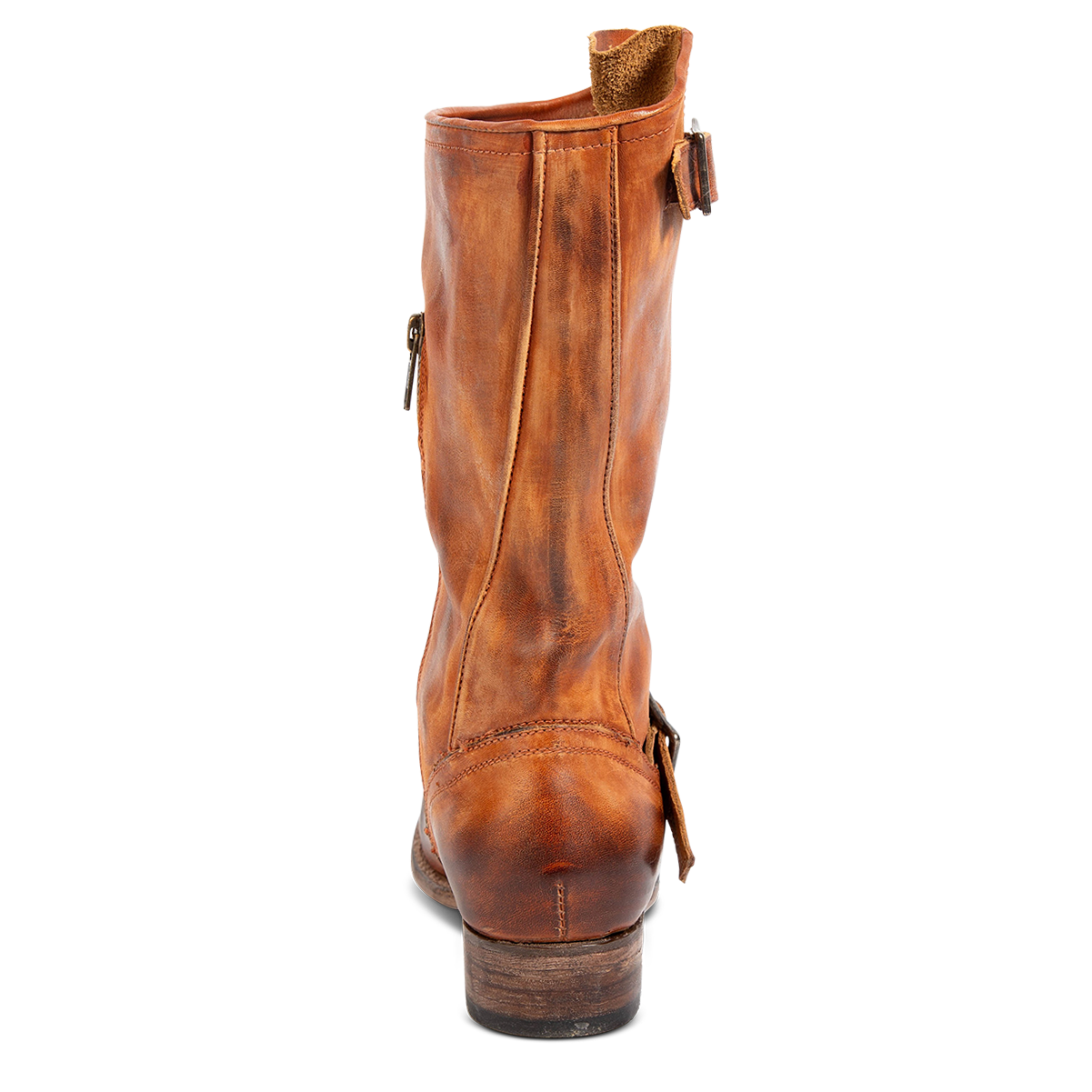 Back view showing an asymmetrical shaft height and low block heel on FREEBIRD women's Rip whiskey leather boot