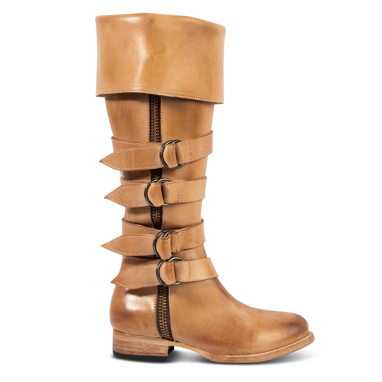 FREEBIRD women's Risky beige fold-over tall leather boot with buckle loop detailing and zip closures