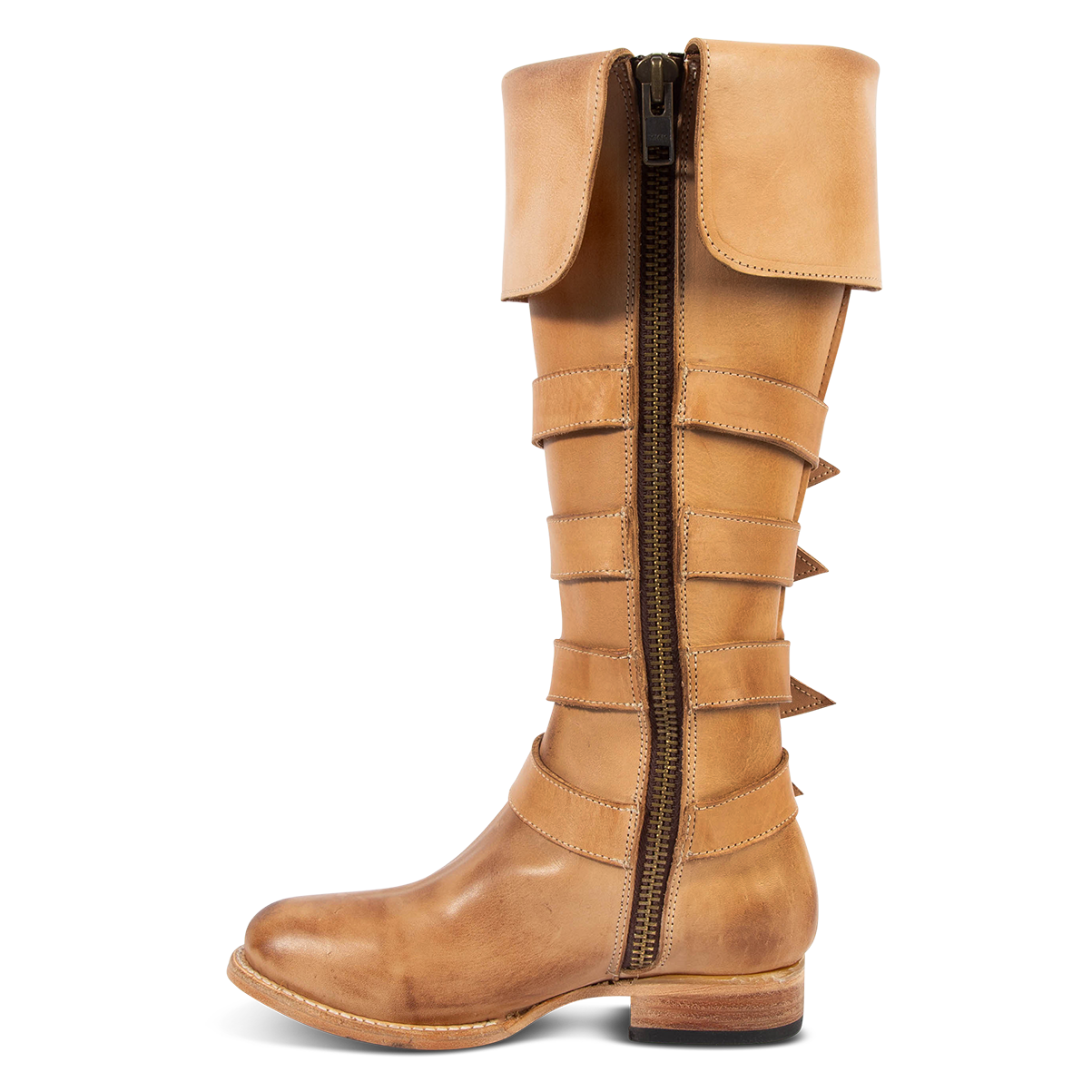Inside view showing zipper closure and buckle loops with silver hardware on FREEBIRD women's Risky beige fold-over leather boot