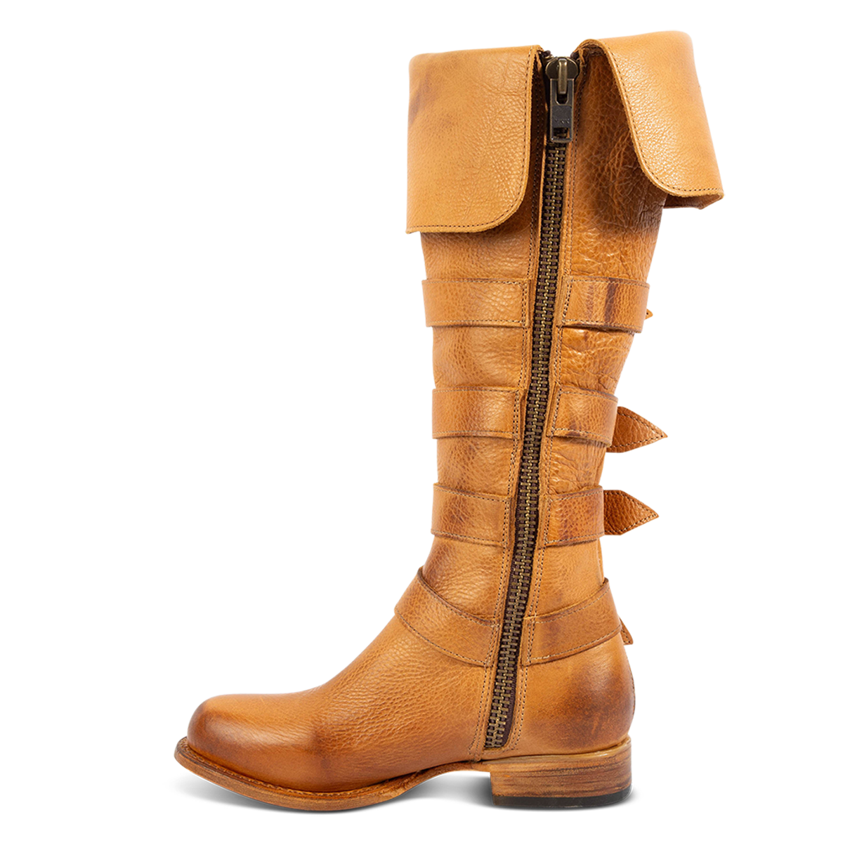 Inside view showing zipper closure and buckle loops with silver hardware on FREEBIRD women's Risky wheat fold-over leather boot