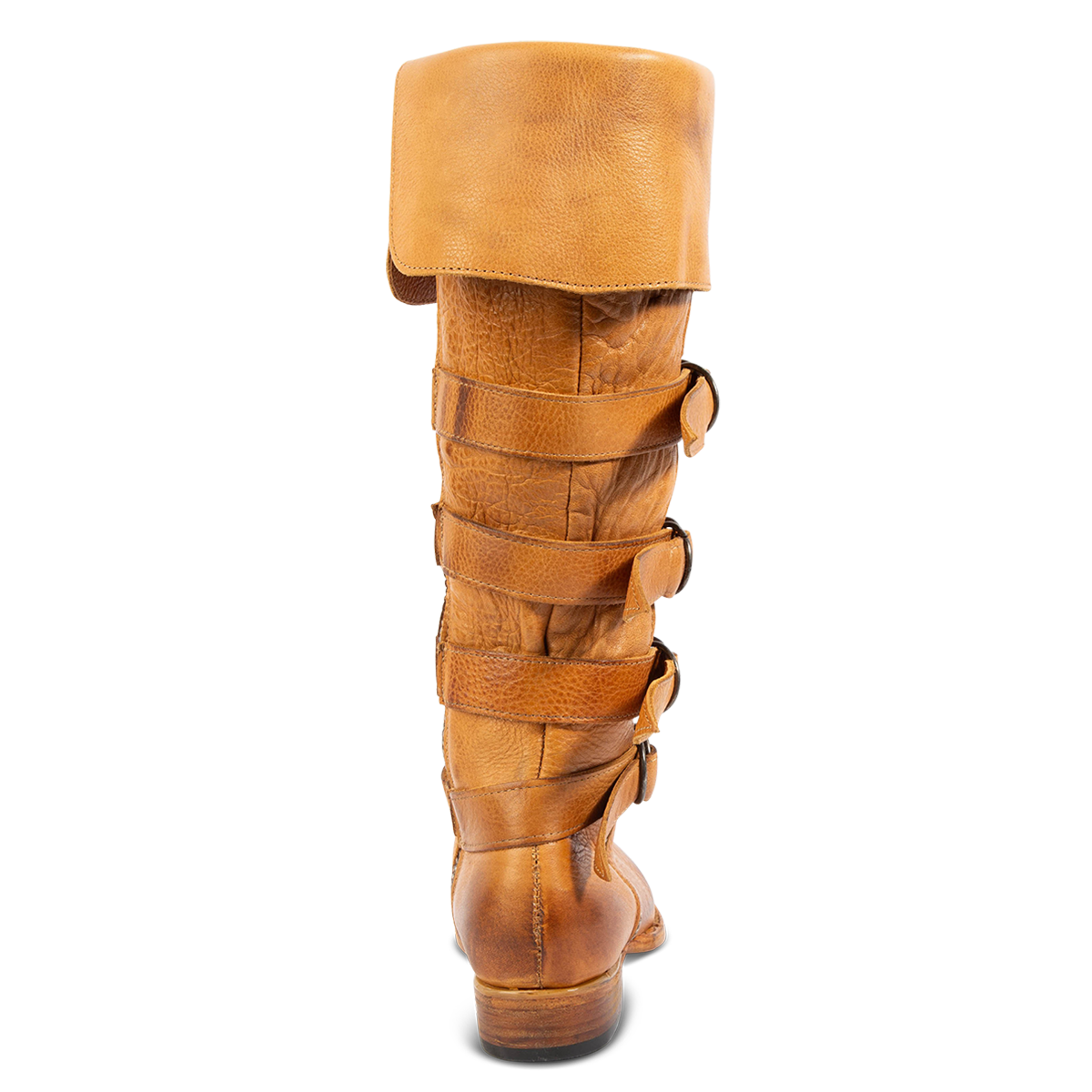 Back view showing low heel on FREEBIRD women's Risky wheat fold-over leather boot