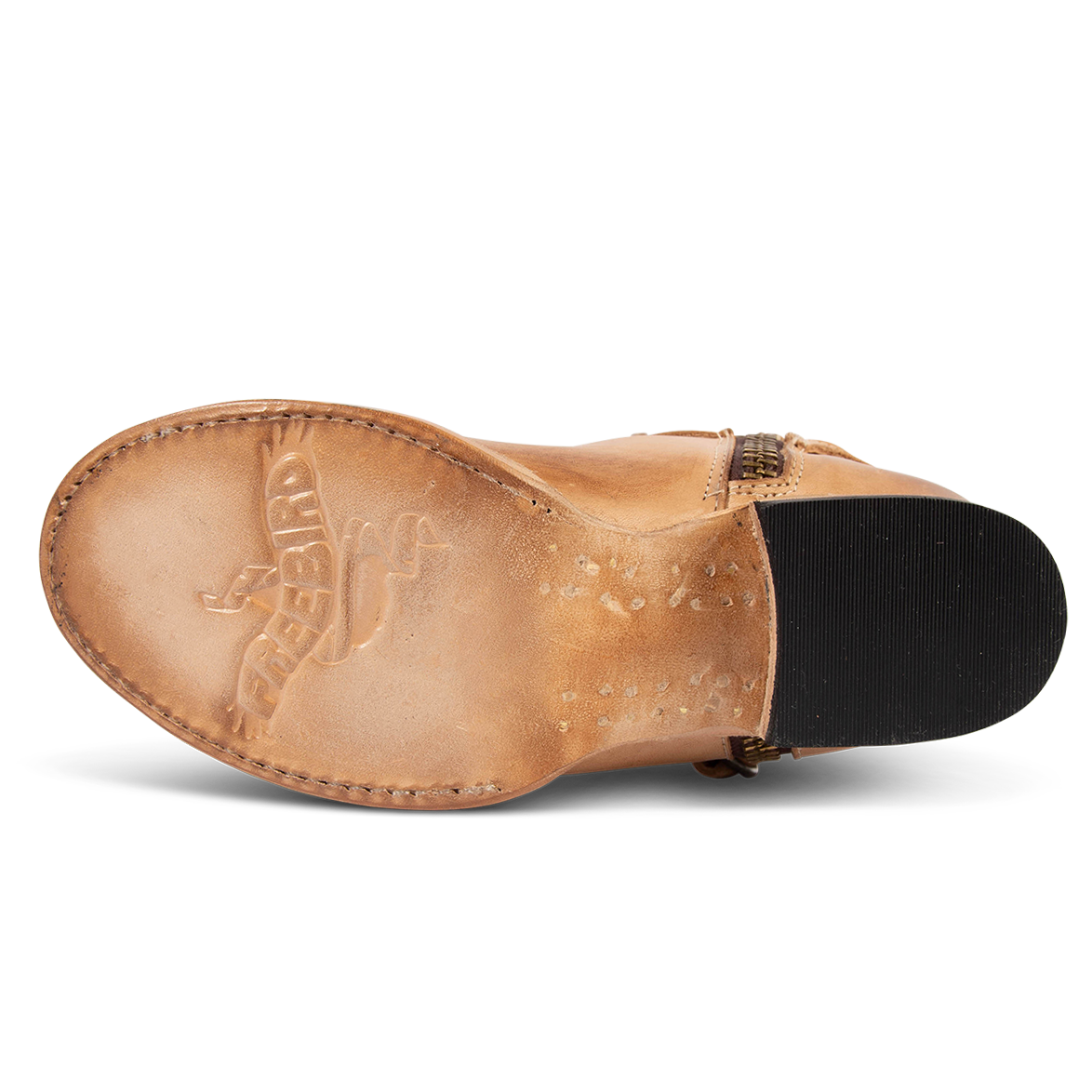 Leather sole imprinted with FREEBIRD on women's Risky beige fold-over tall boot