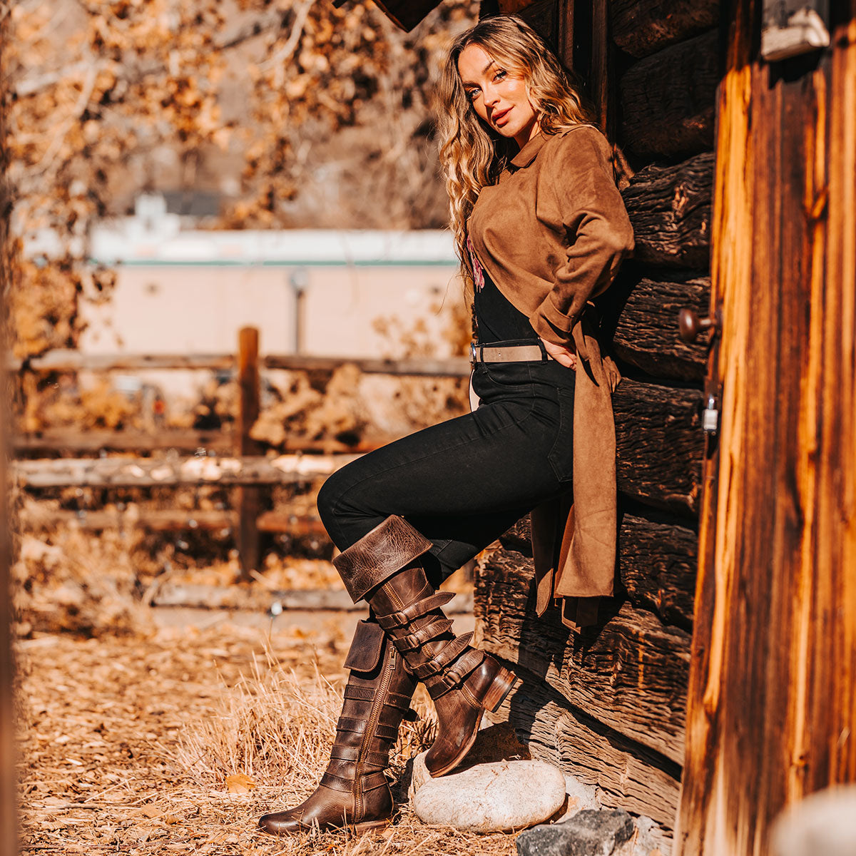 FREEBIRD women's Risky brown fold-over tall leather boot with buckle loop detailing and zip closures lifestyle