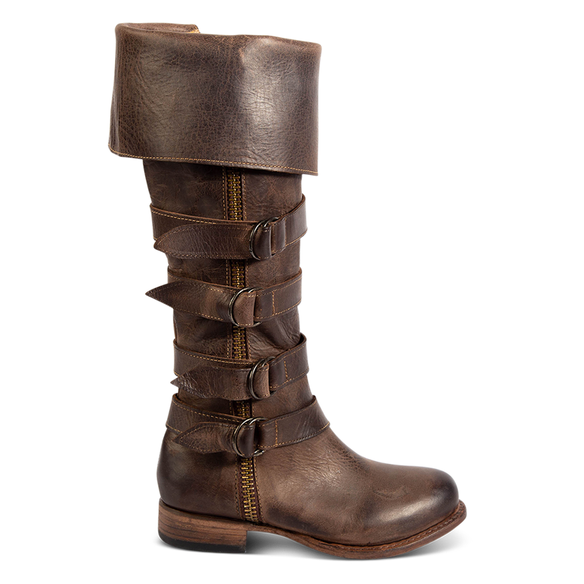 FREEBIRD women's Risky brown fold-over tall leather boot with buckle loop detailing and zip closures