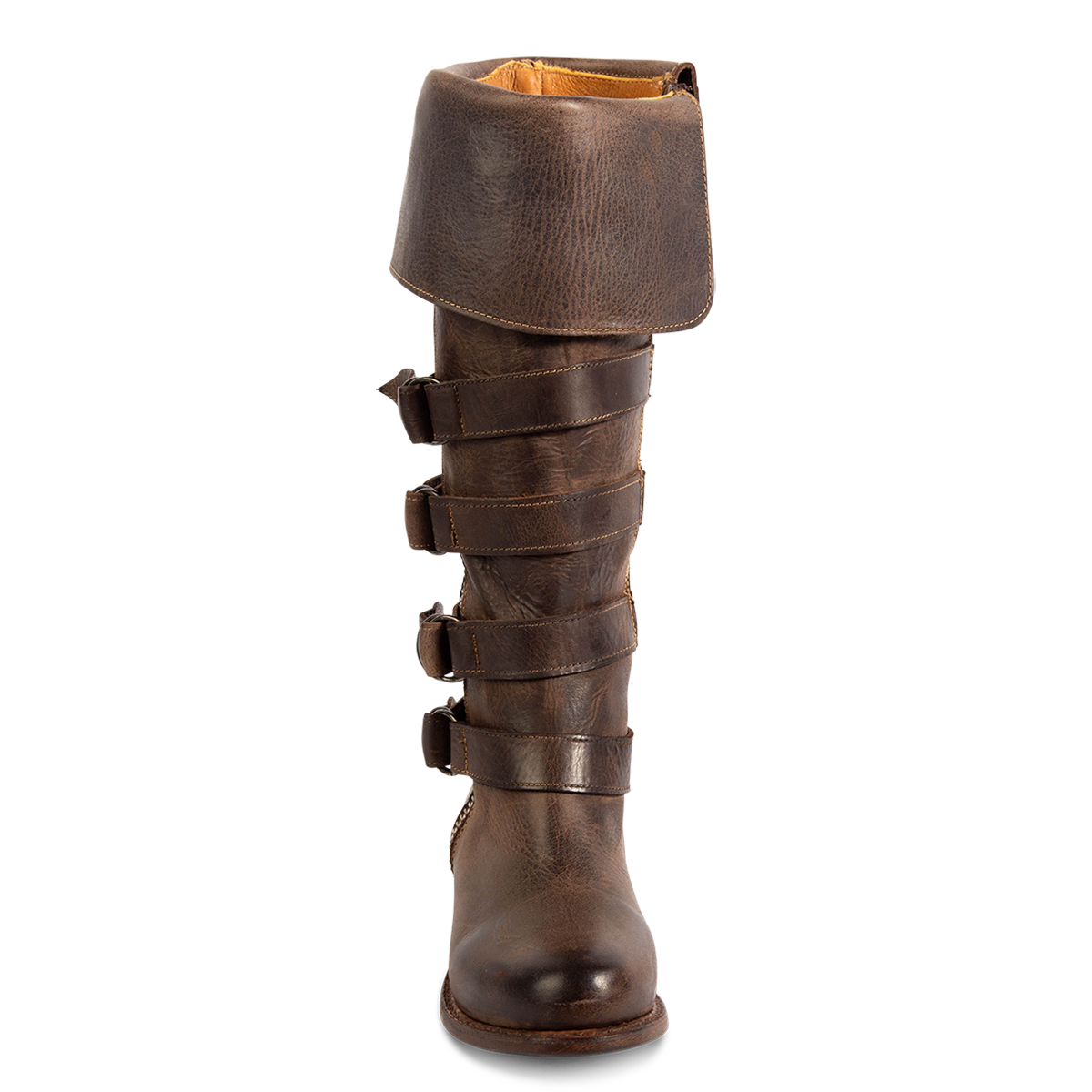 Front view showing tall shaft construction and buckle loops with silver hardware on FREEBIRD women's Risky brown fold-over leather boot