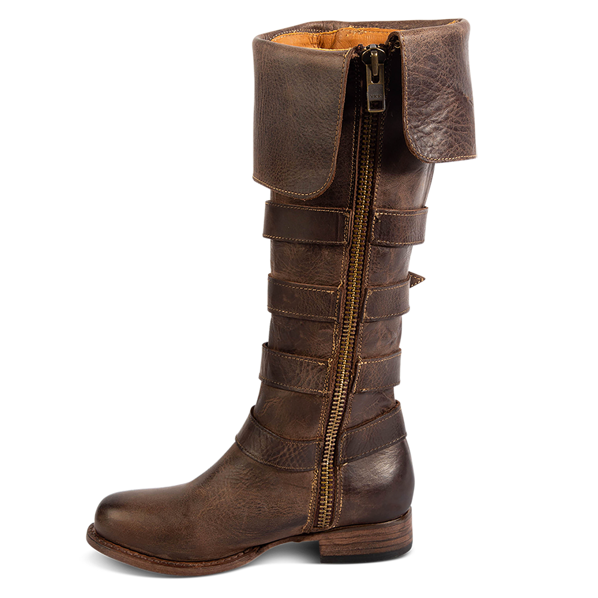 Inside view showing zipper closure and buckle loops with silver hardware on FREEBIRD women's Risky brown fold-over leather boot