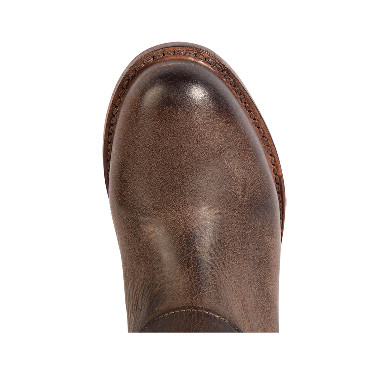 Top view showing round toe on FREEBIRD women's Risky brown fold-over leather boot