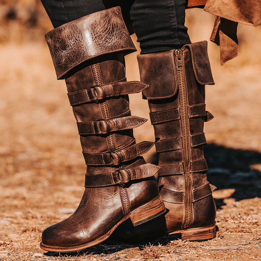 FREEBIRD women's Risky brown fold-over tall leather boot with buckle loop detailing and zip closures