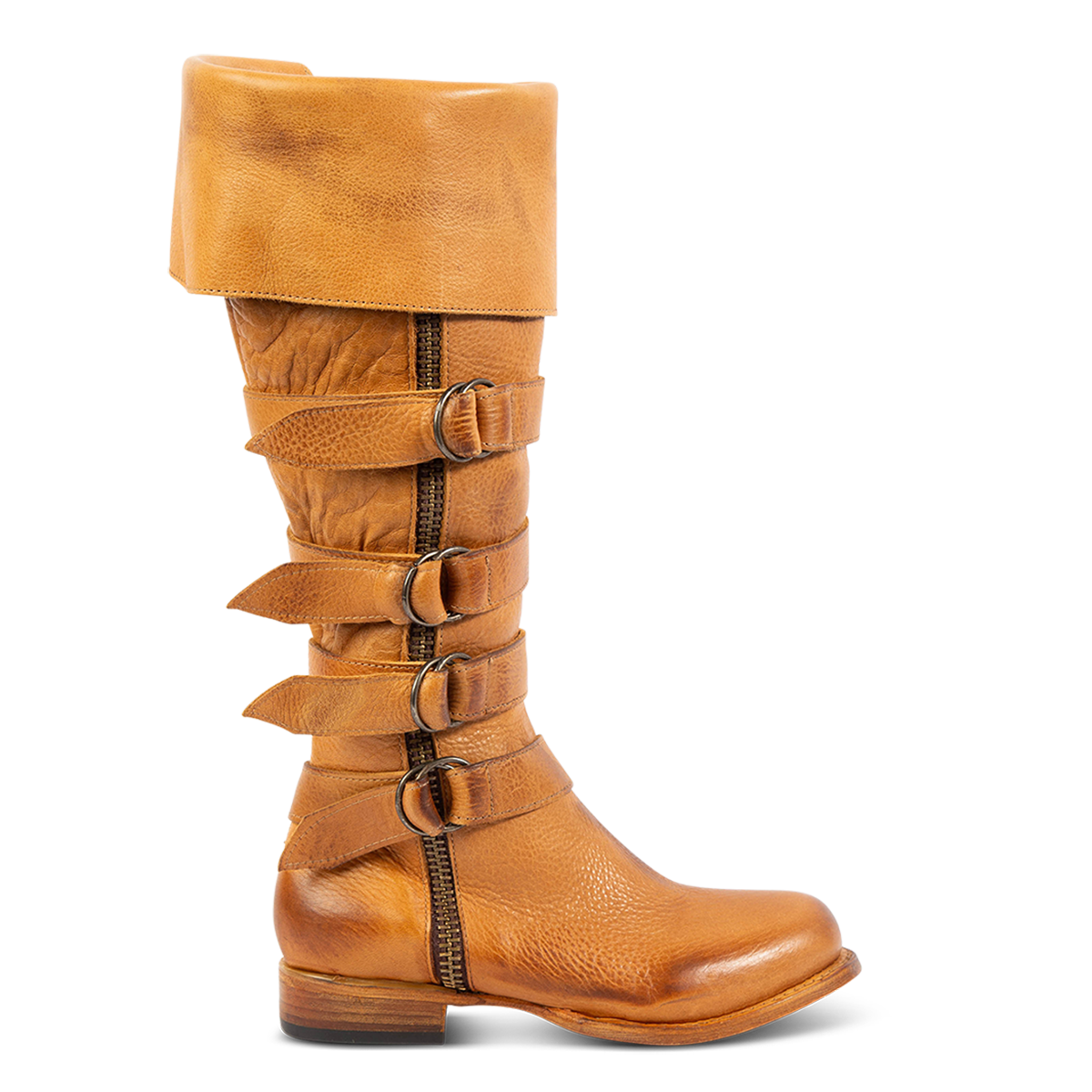 FREEBIRD women's Risky wheat fold-over tall leather boot with buckle loop detailing and zip closures