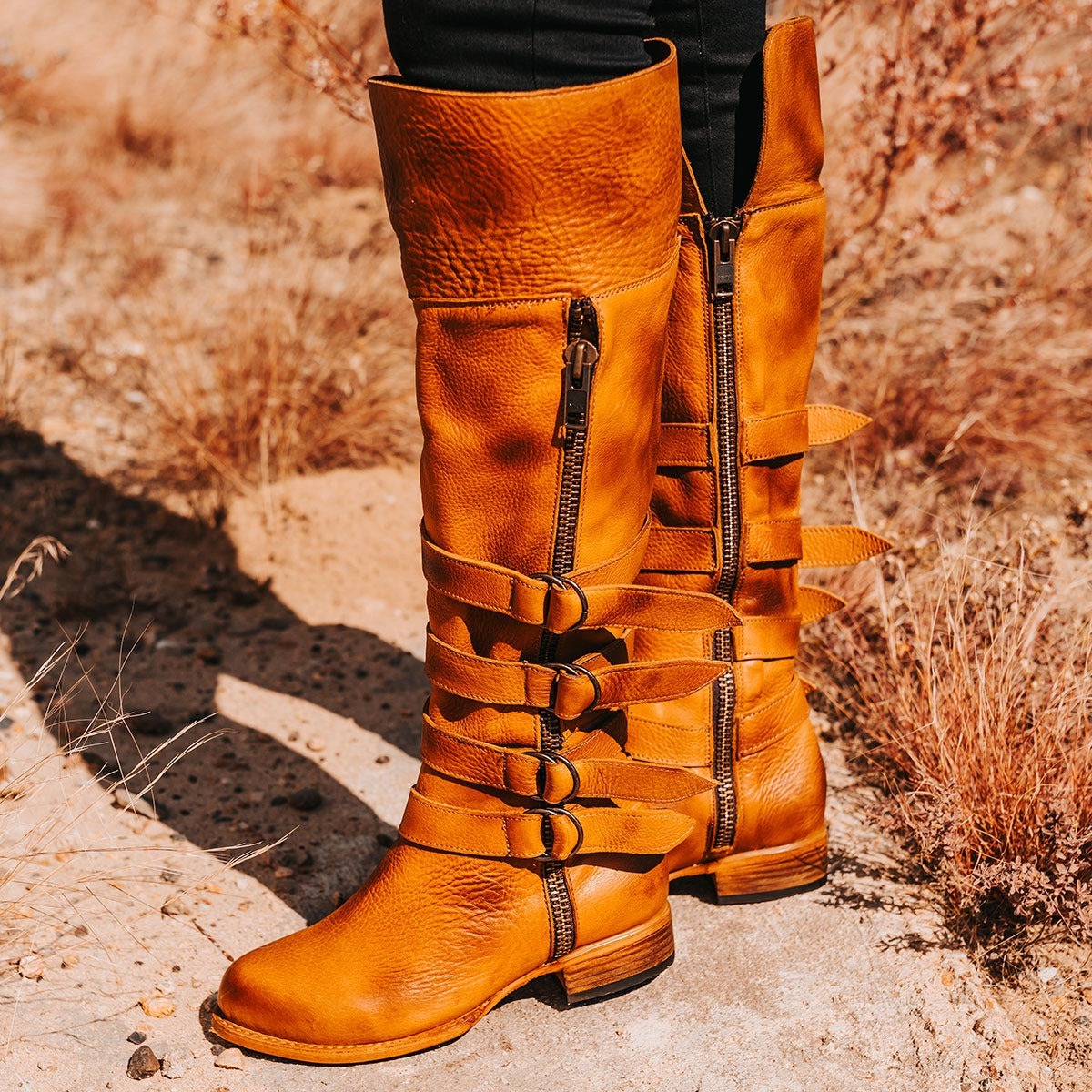 FREEBIRD women's Risky wheat fold-over tall leather boot with buckle loop detailing and zip closures