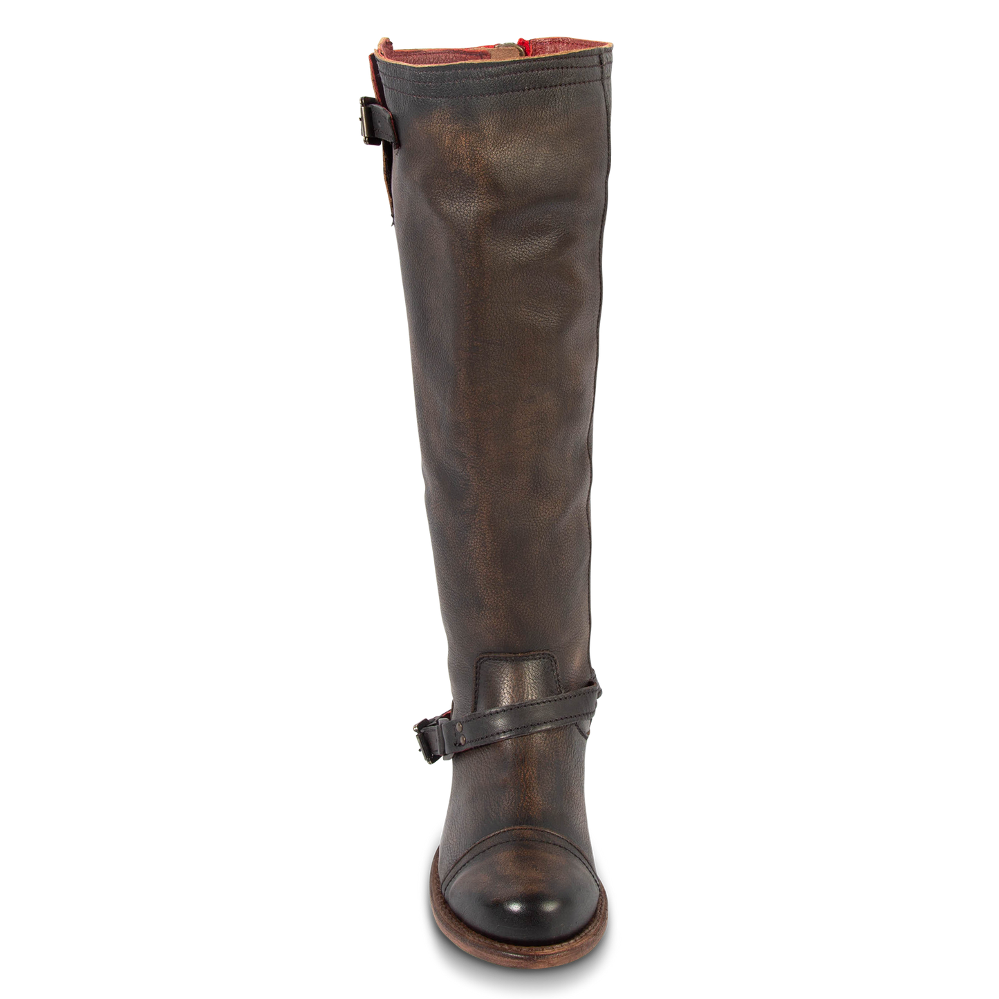 Front view showing tall shaft construction and ankle strap with silver hardware on FREEBIRD women's Roadey black tall leather boot