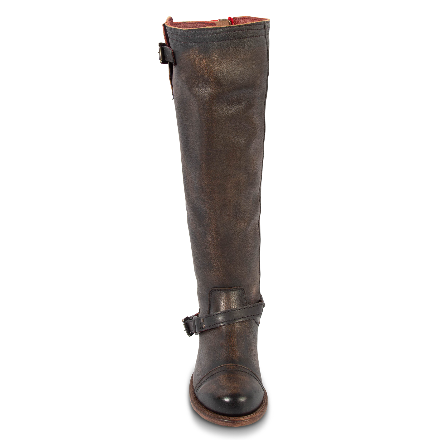 Front view showing tall shaft construction and ankle strap with silver hardware on FREEBIRD women's Roadey black tall leather boot