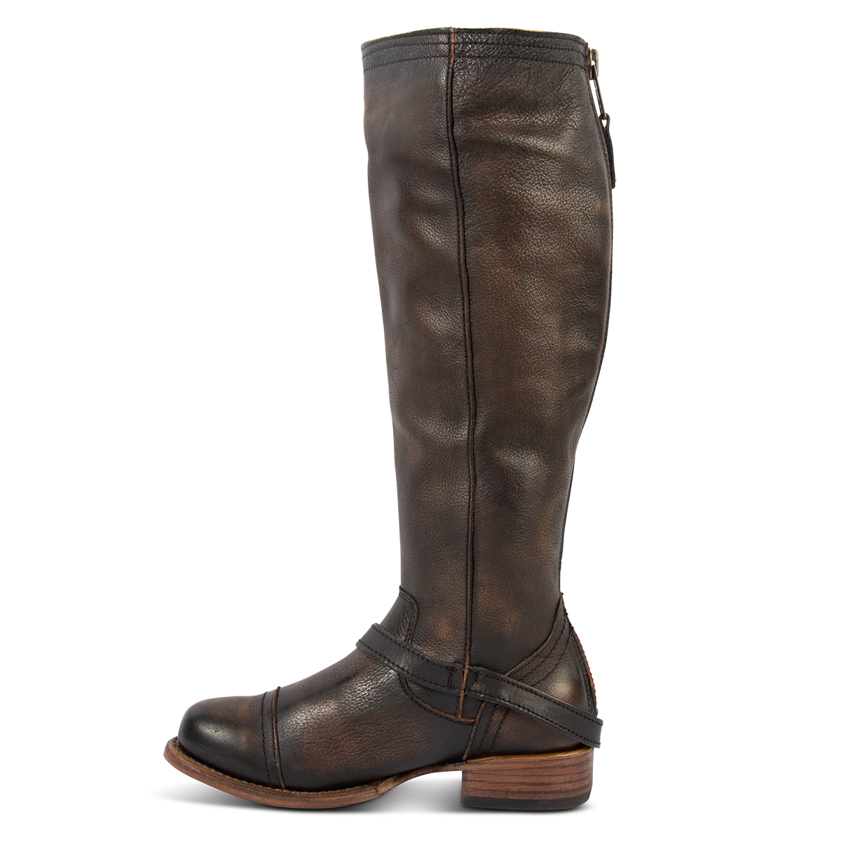Inside view of FREEBIRD women's Roadey black leather boot with a low heel and full back zip