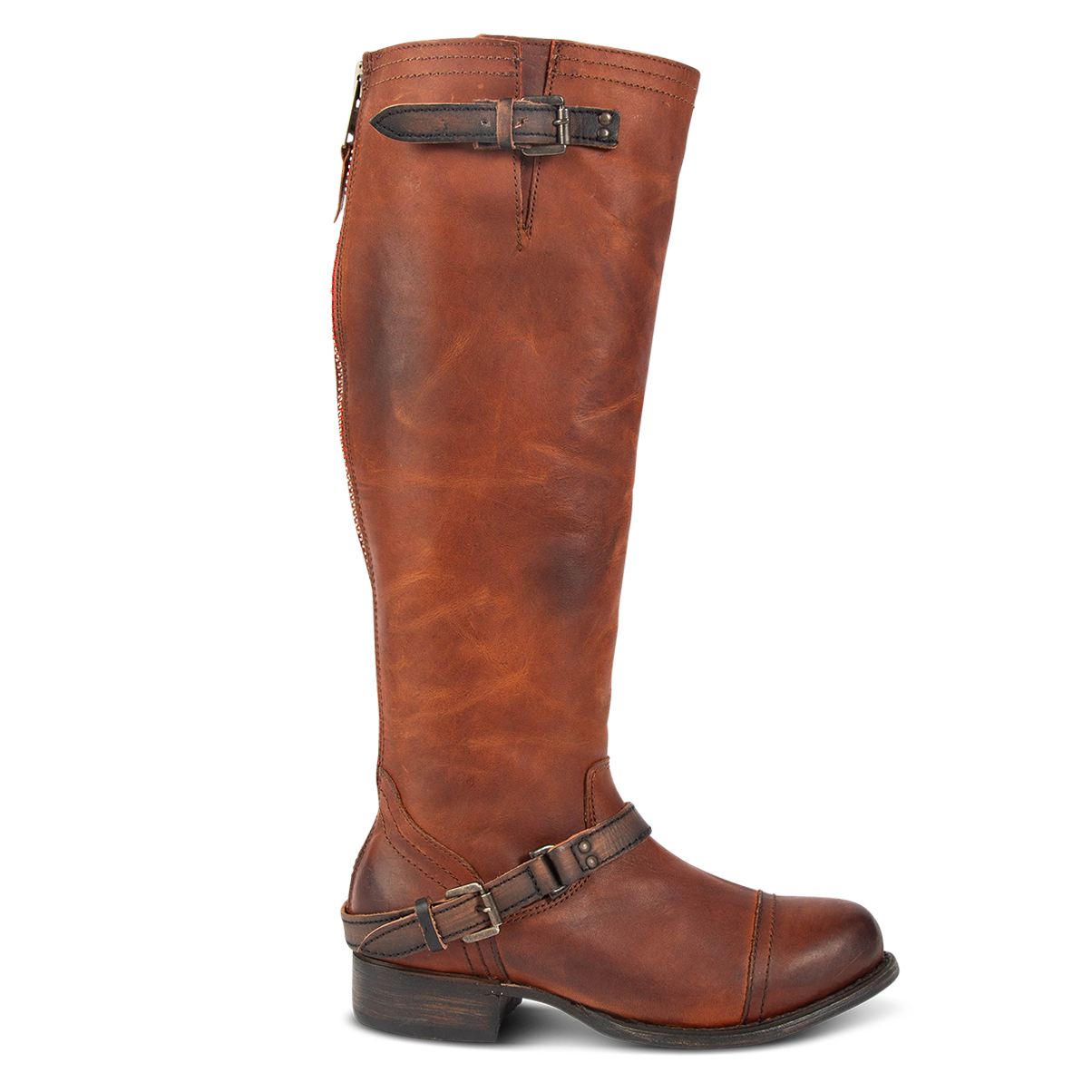 FREEBIRD women's Roadey cognac tall construction boot with double buckle detailing and signature red tracked zipper