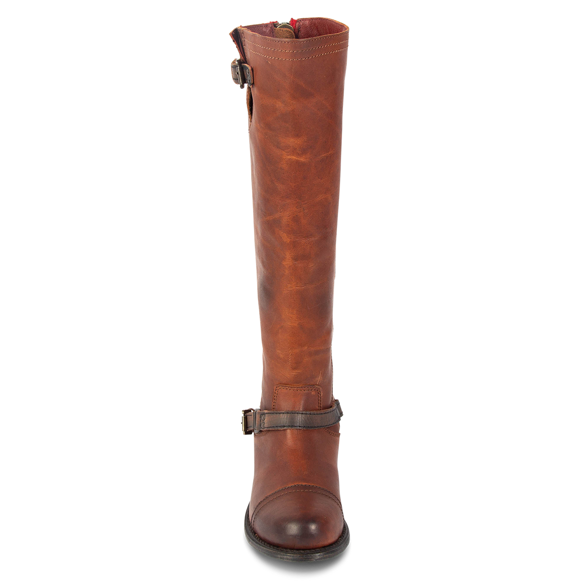 Front view showing tall shaft construction and ankle strap with silver hardware on FREEBIRD women's Roadey cognac tall leather boot