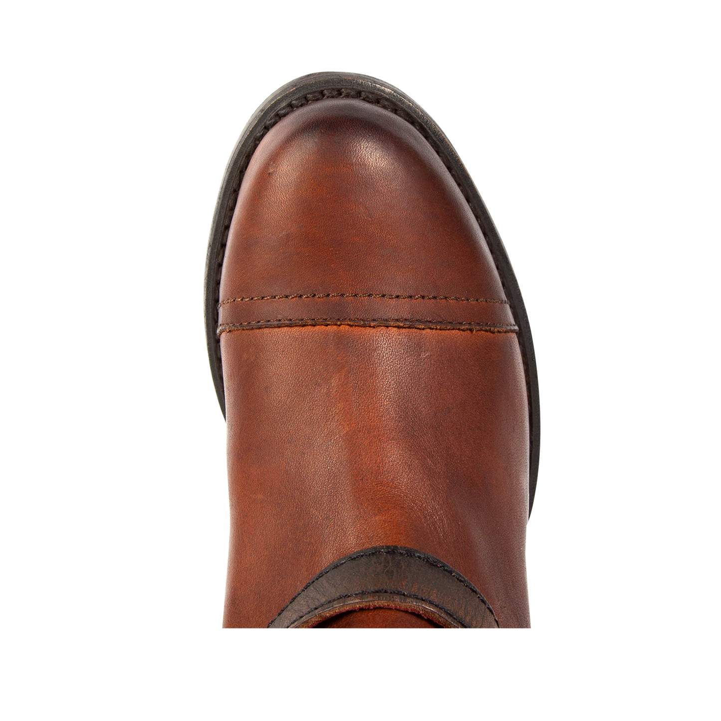 Top view showing almond toe construction with stitch detailing on FREEBIRD women's Roadey cognac tall leather boot