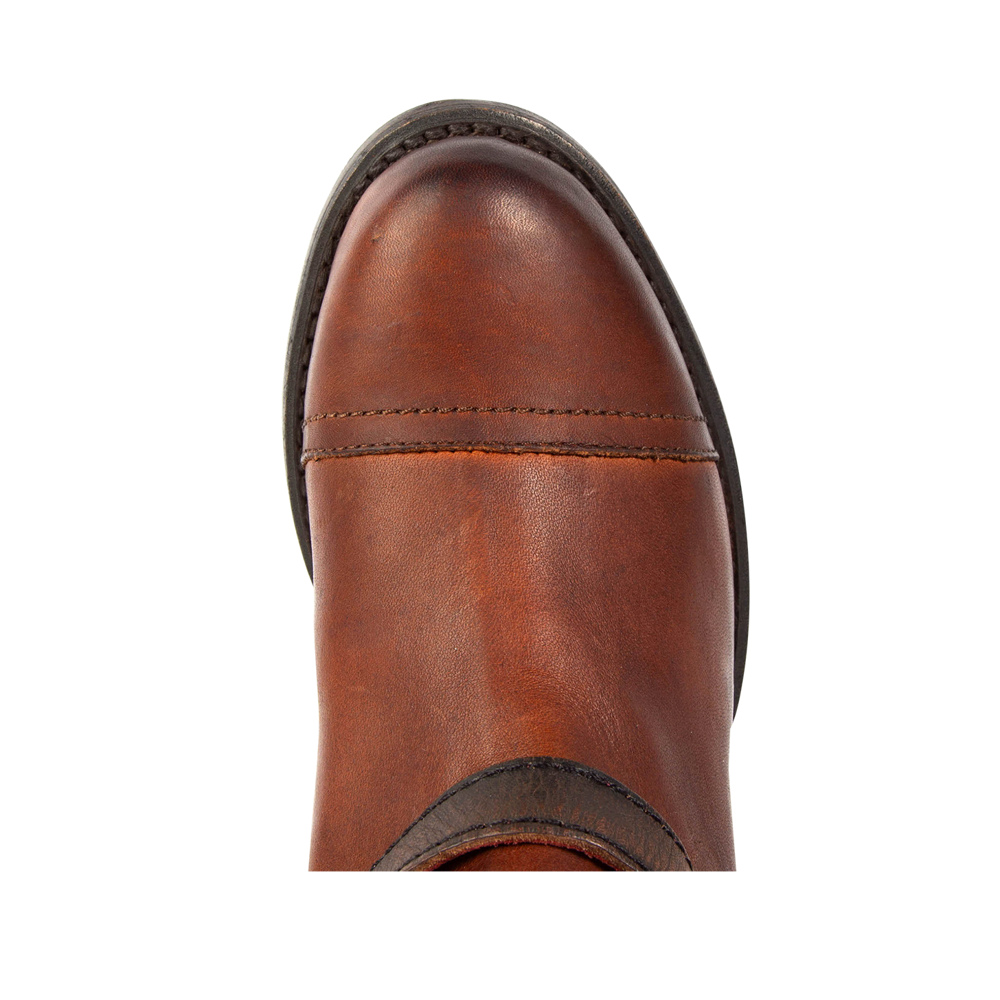 Top view showing almond toe construction with stitch detailing on FREEBIRD women's Roadey cognac tall leather boot