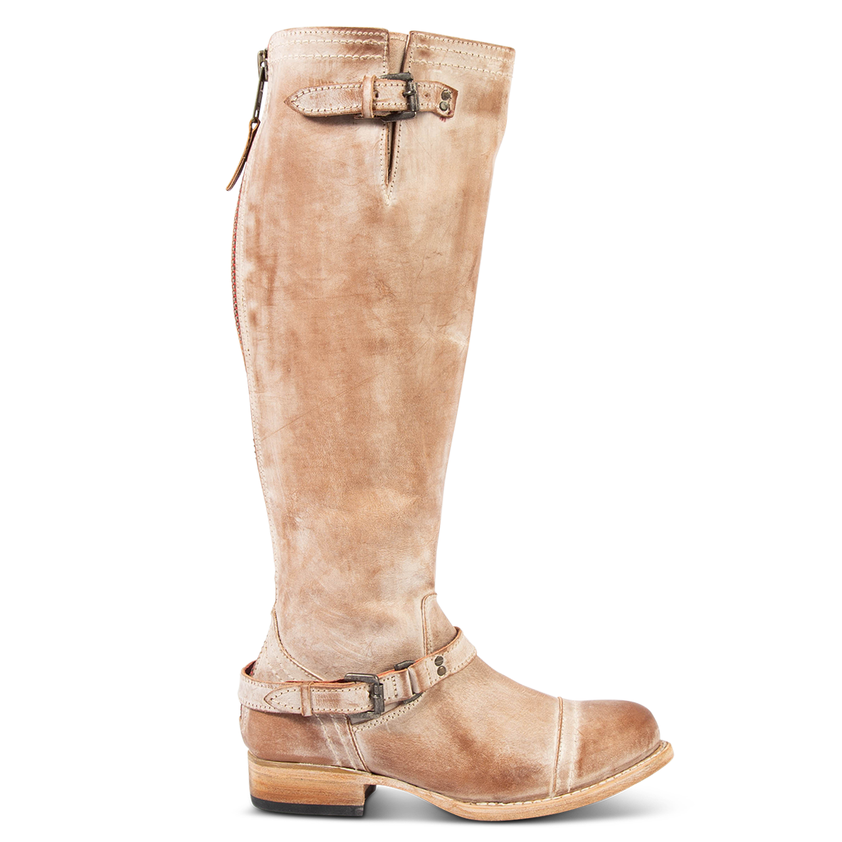 FREEBIRD women's Roadey taupe tall construction boot with double buckle detailing and signature red tracked zipper