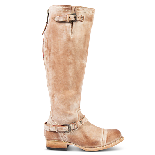FREEBIRD women's Roadey taupe tall construction boot with double buckle detailing and signature red tracked zipper