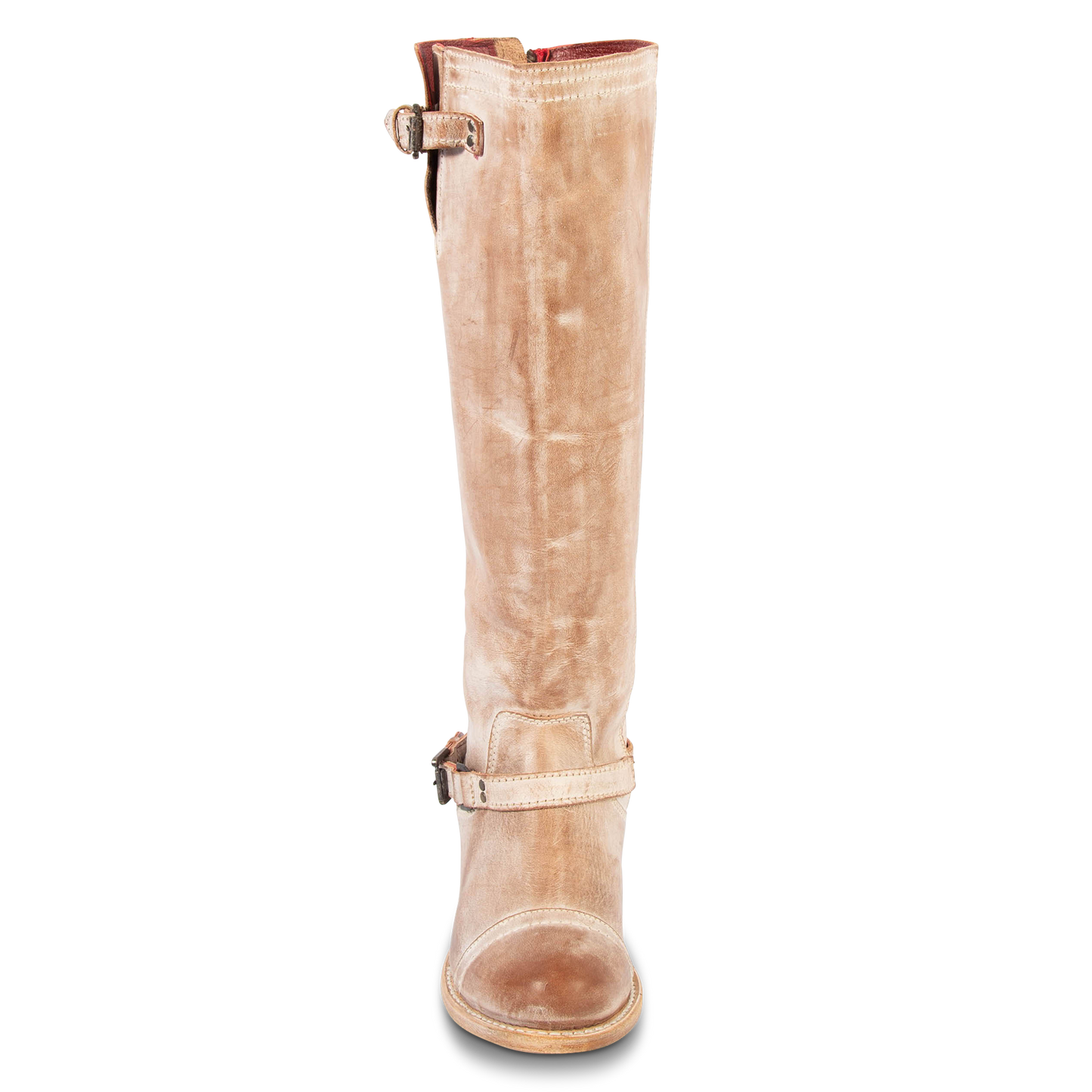 Front view showing tall shaft construction and ankle strap with silver hardware on FREEBIRD women's Roadey taupe tall leather boot