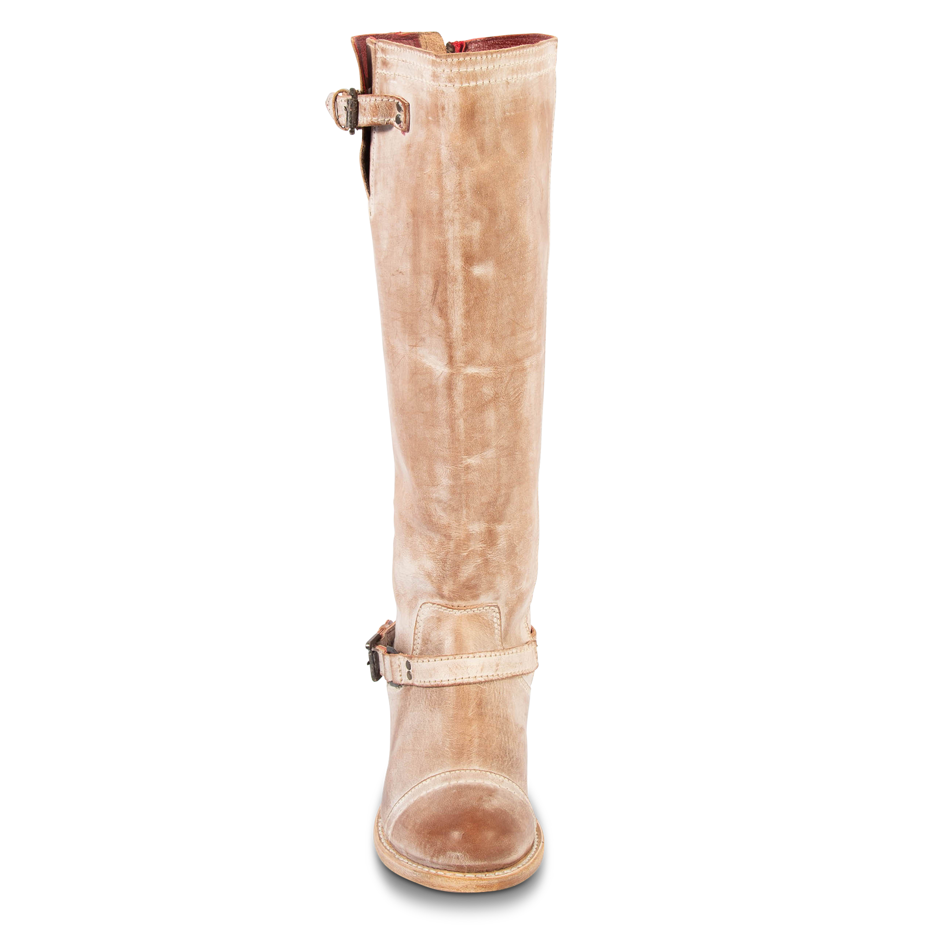 Front view showing tall shaft construction and ankle strap with silver hardware on FREEBIRD women's Roadey taupe tall leather boot