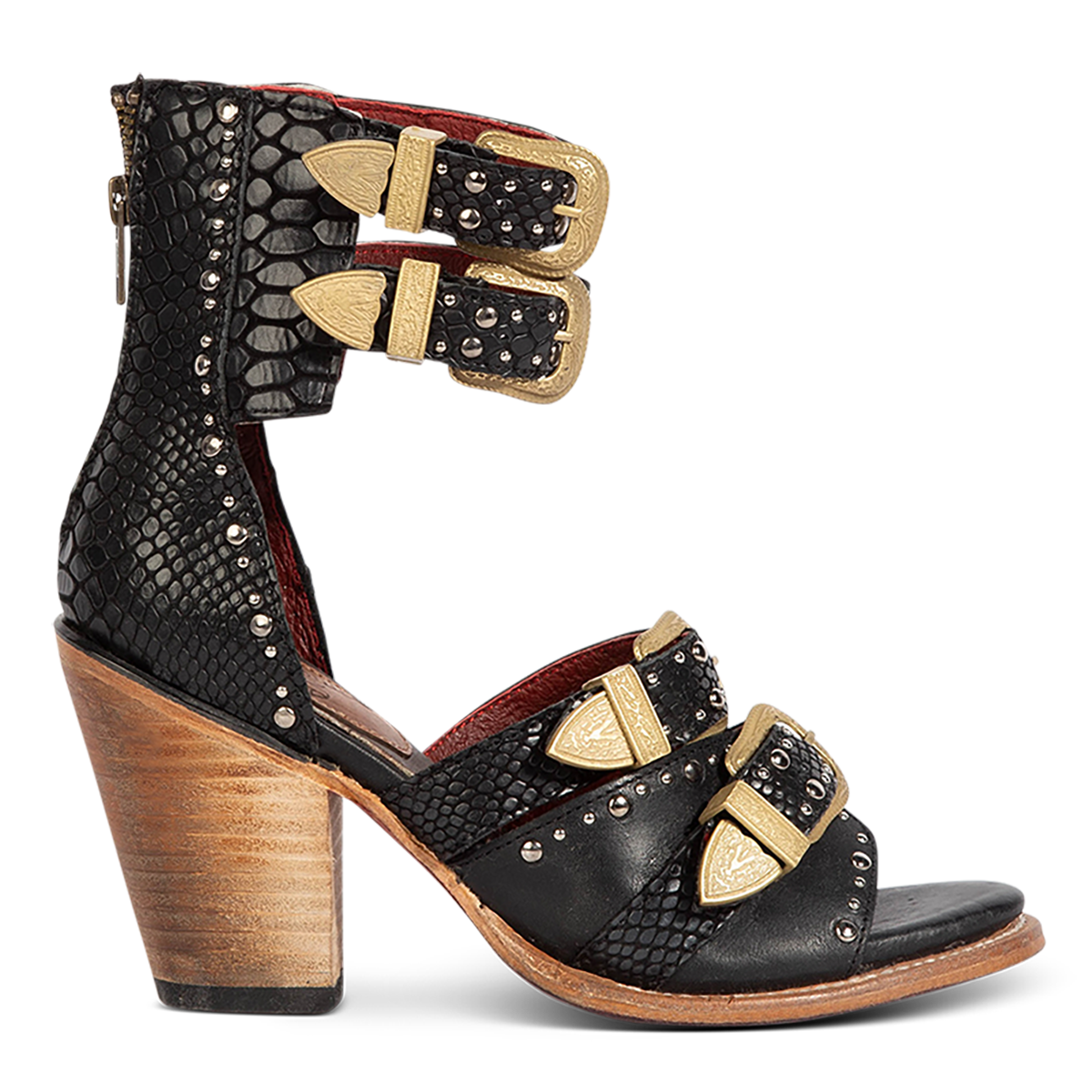 FREEBIRD women's Rodeo black multi leather sandal with silver stud embellishments, adjustable gold buckle detailing and a lifted inverted heel