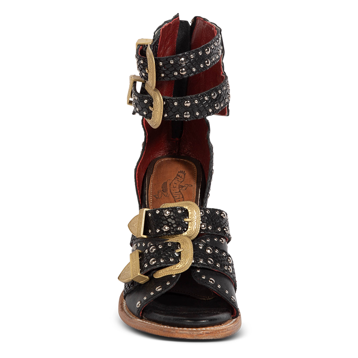 Front view showing FREEBIRD women's Rodeo black multi leather sandal with silver stud embellishments, adjustable gold buckle detailing and open silhouette
