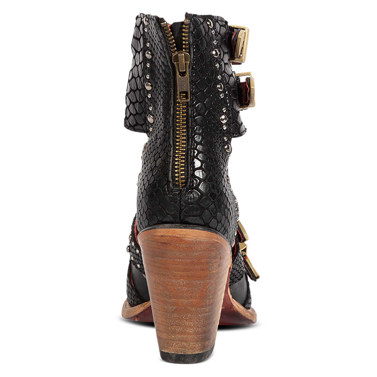 Back view showing a working brass zipper and inverted heel on FREEBIRD women's Rodeo black multi leather sandal