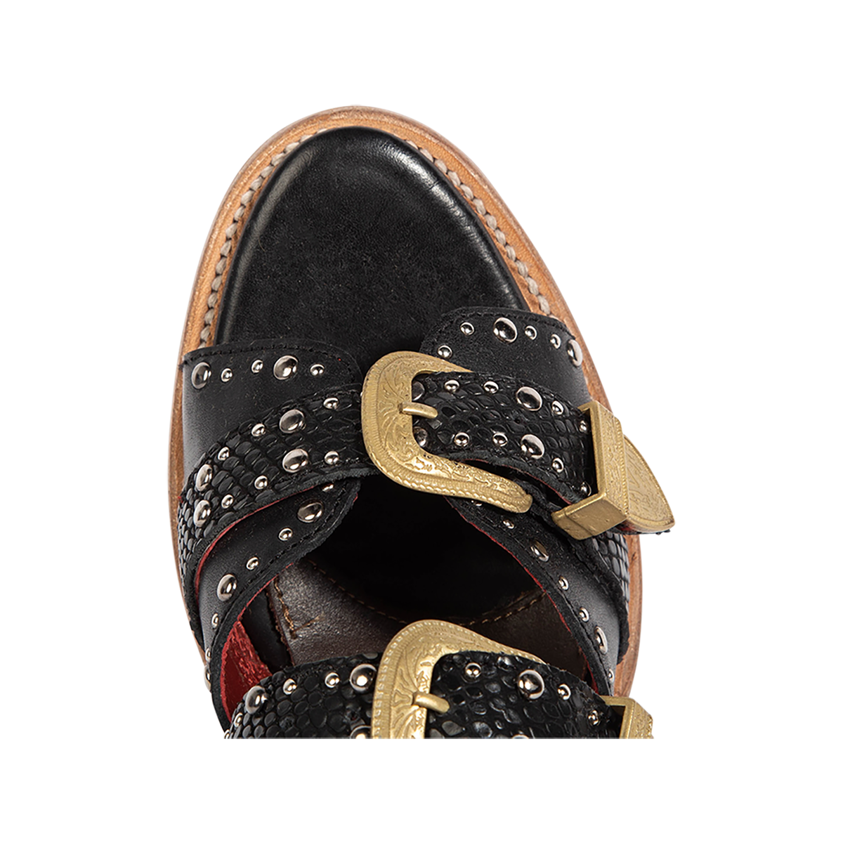 Top view showing a pointed toe construction on FREEBIRD women's Rodeo black multi leather sandal