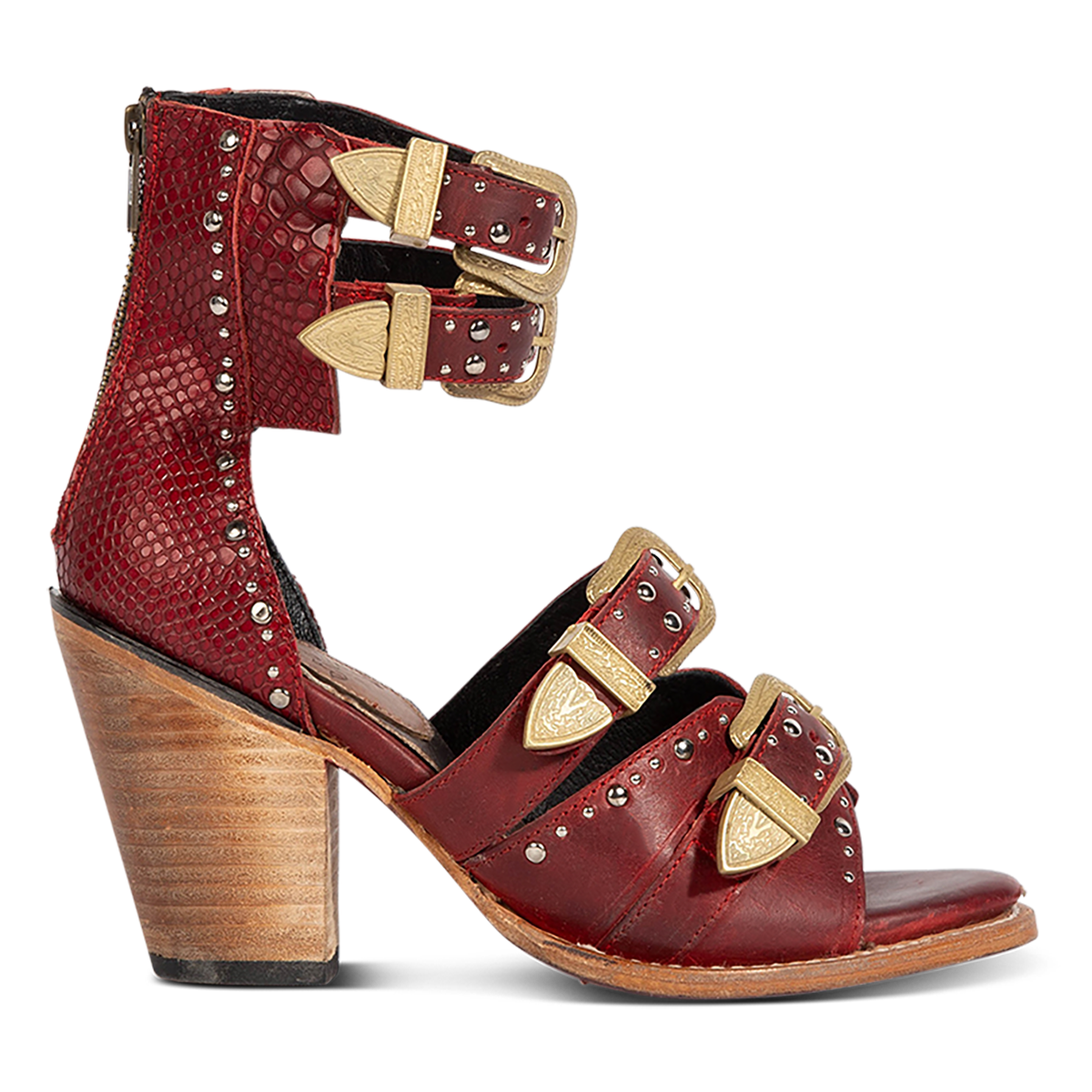 FREEBIRD women's Rodeo red multi leather sandal with silver stud embellishments, adjustable gold buckle detailing and a lifted inverted heel
