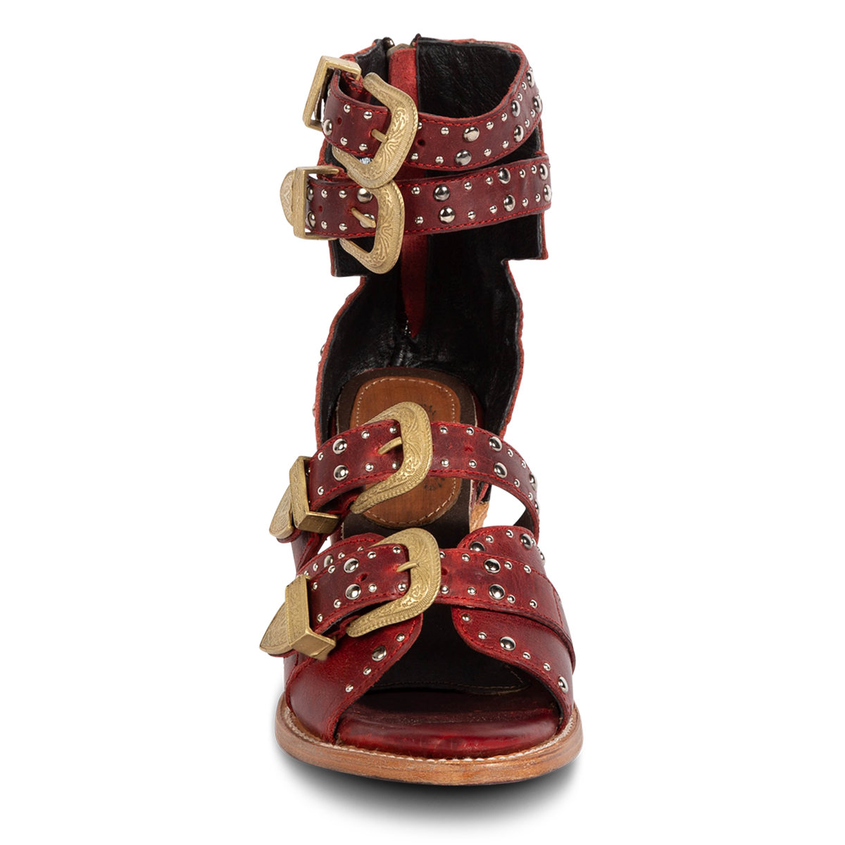Front view showing FREEBIRD women's Rodeo red multi leather sandal with silver stud embellishments, adjustable gold buckle detailing and open silhouette