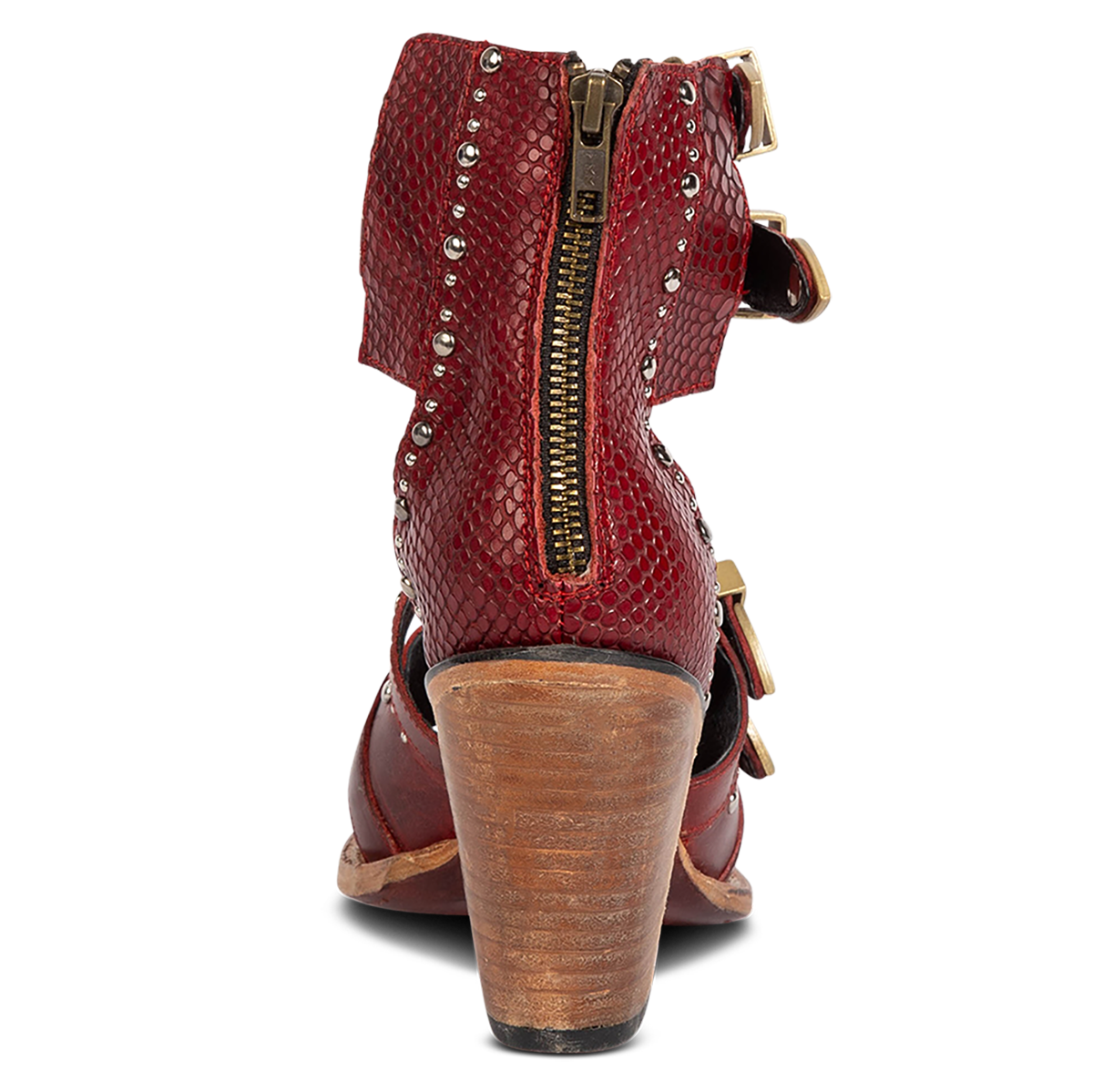 Back view showing a working brass zipper and inverted heel on FREEBIRD women's Rodeo red multi leather sandal