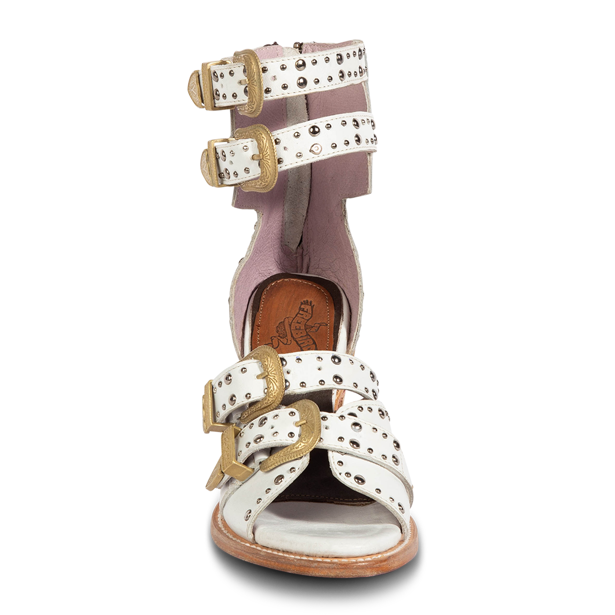 Front view showing FREEBIRD women's Rodeo white multi leather sandal with silver stud embellishments, adjustable gold buckle detailing and open silhouette