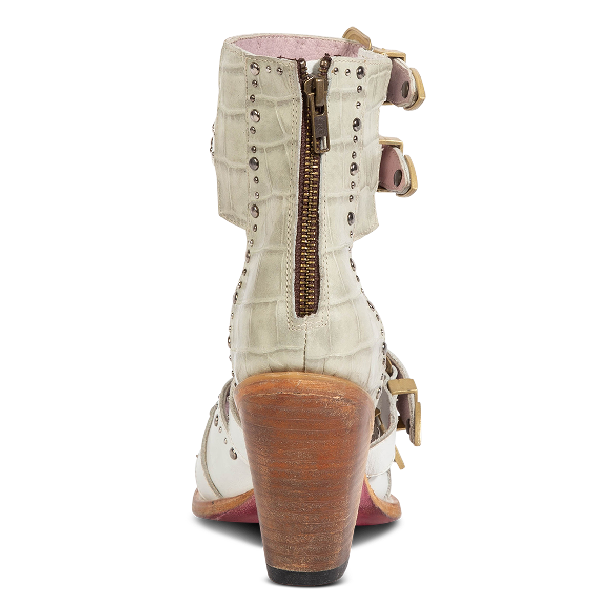 Back view showing a working brass zipper and inverted heel on FREEBIRD women's Rodeo white multi leather sandal