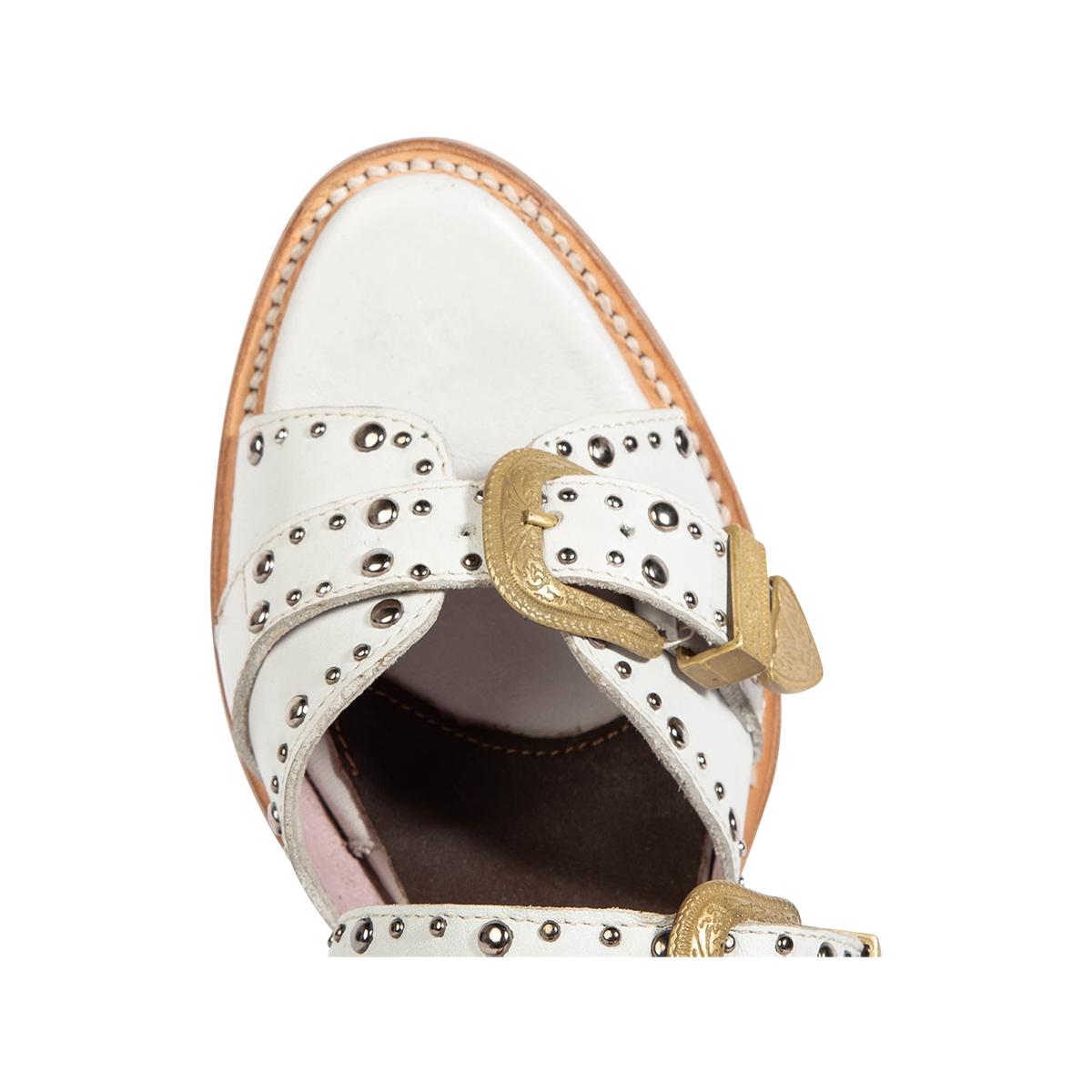 Top view showing a pointed toe construction on FREEBIRD women's Rodeo white multi leather sandal