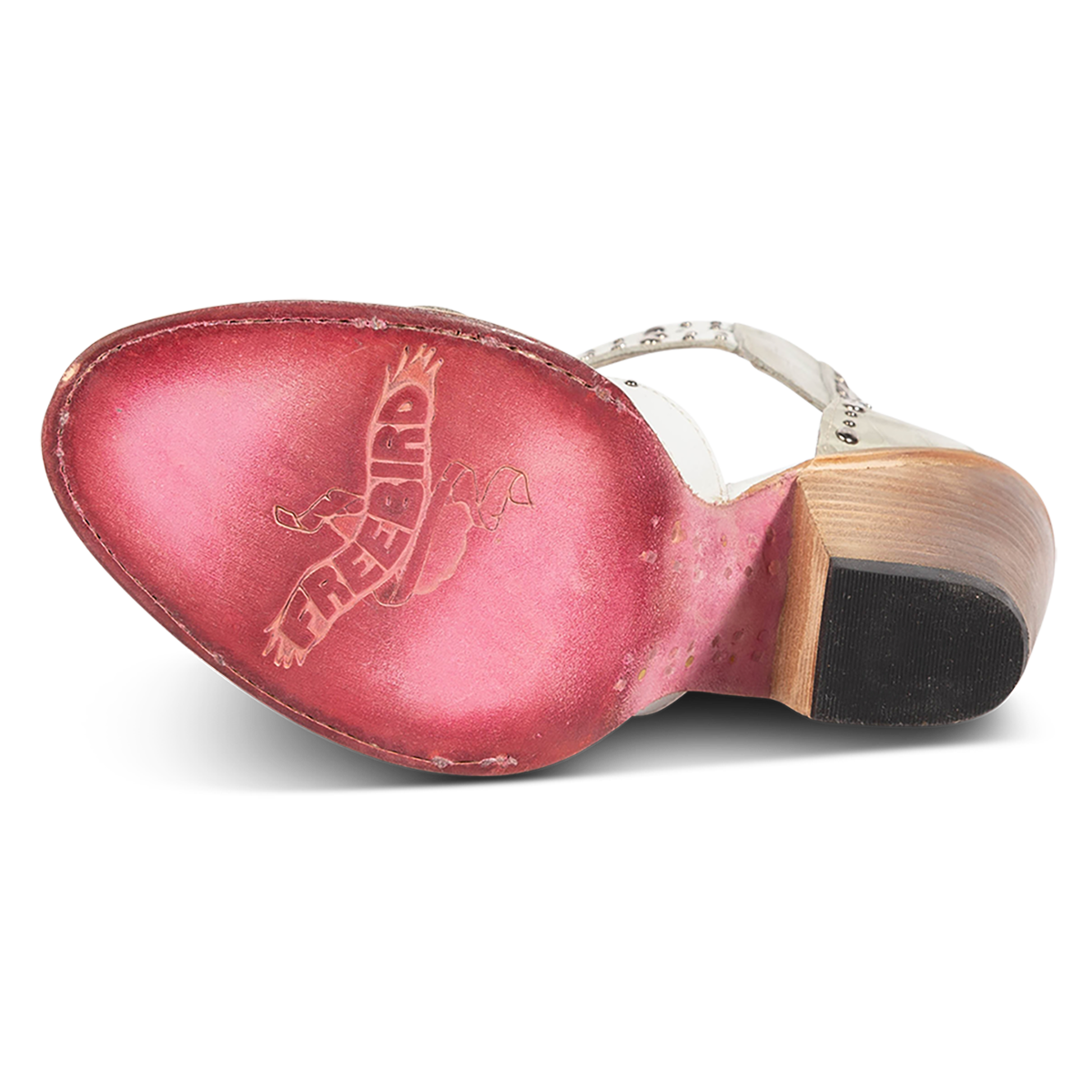 Leather sole imprinted with FREEBIRD on women's Rodeo white multi leather sandal 