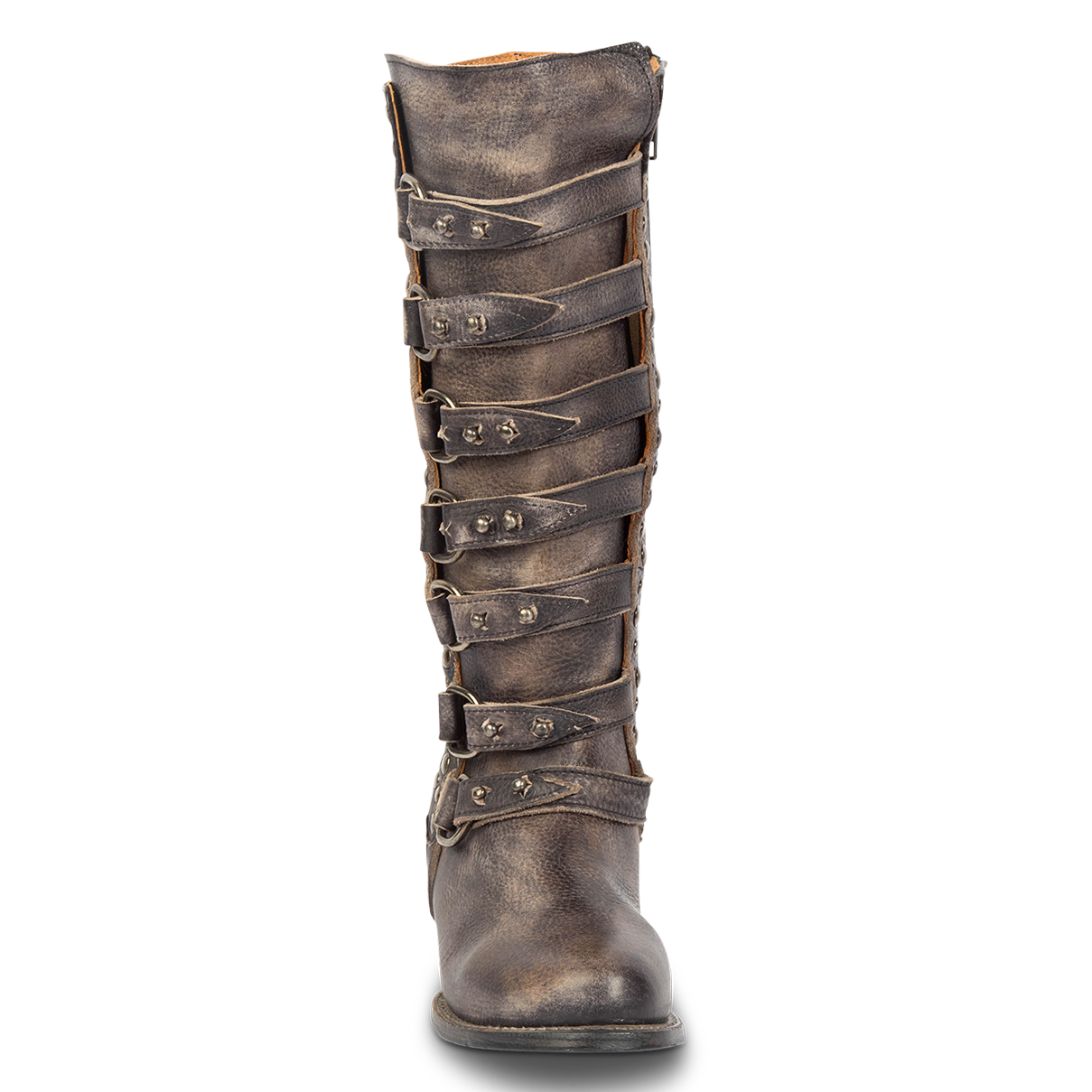 Front view showing FREEBIRD women's Rory black leather boot with leather straps stacking up the front shaft and round toe