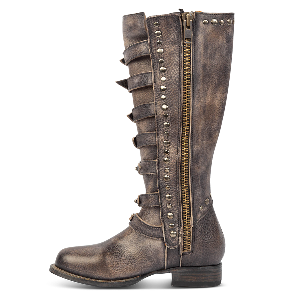 FREEBIRD women's Rory black leather boot with leather straps stacking up the front shaft and inside zip closure 