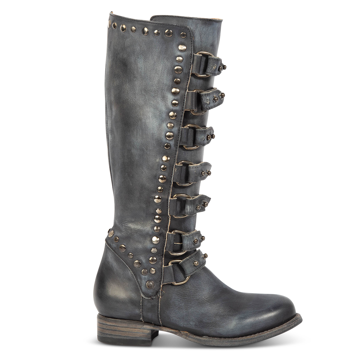 FREEBIRD women's Rory navy leather boot with leather straps stacking up the front shaft and low block heel